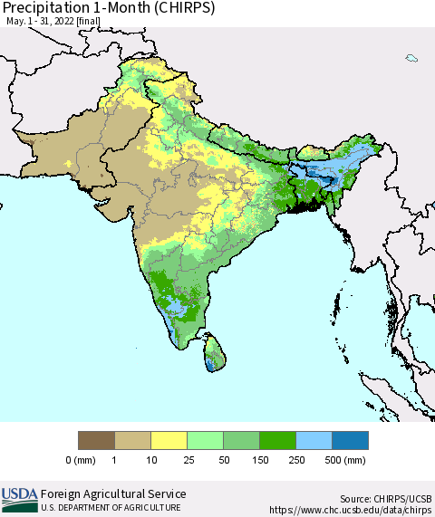 Southern Asia Precipitation 1-Month (CHIRPS) Thematic Map For 5/1/2022 - 5/31/2022