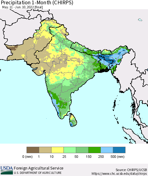 Southern Asia Precipitation 1-Month (CHIRPS) Thematic Map For 5/11/2022 - 6/10/2022