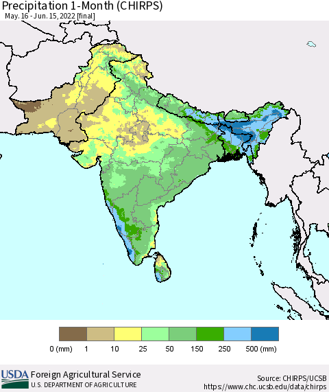 Southern Asia Precipitation 1-Month (CHIRPS) Thematic Map For 5/16/2022 - 6/15/2022
