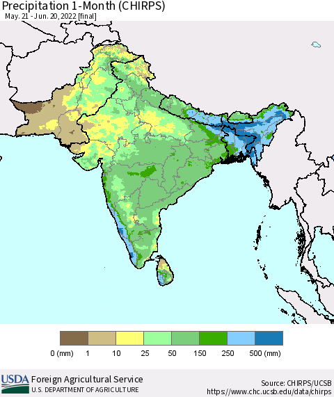 Southern Asia Precipitation 1-Month (CHIRPS) Thematic Map For 5/21/2022 - 6/20/2022