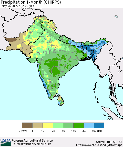 Southern Asia Precipitation 1-Month (CHIRPS) Thematic Map For 5/26/2022 - 6/25/2022