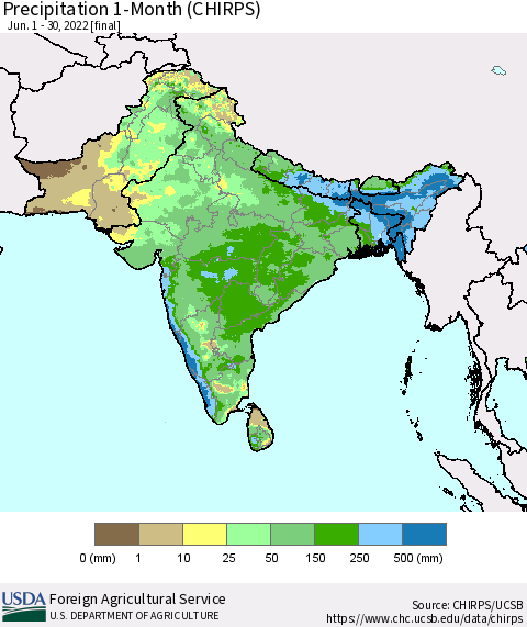 Southern Asia Precipitation 1-Month (CHIRPS) Thematic Map For 6/1/2022 - 6/30/2022