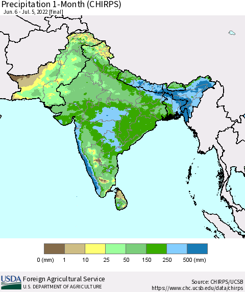 Southern Asia Precipitation 1-Month (CHIRPS) Thematic Map For 6/6/2022 - 7/5/2022