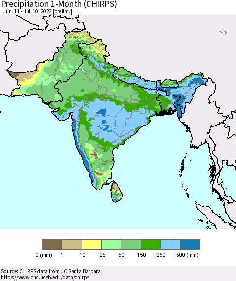 Southern Asia Precipitation 1-Month (CHIRPS) Thematic Map For 6/11/2022 - 7/10/2022