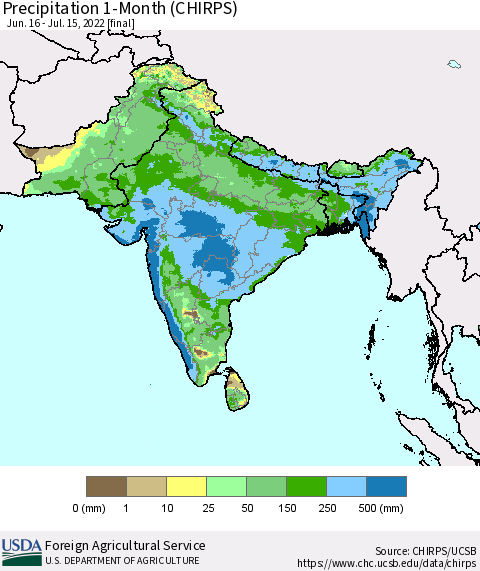 Southern Asia Precipitation 1-Month (CHIRPS) Thematic Map For 6/16/2022 - 7/15/2022