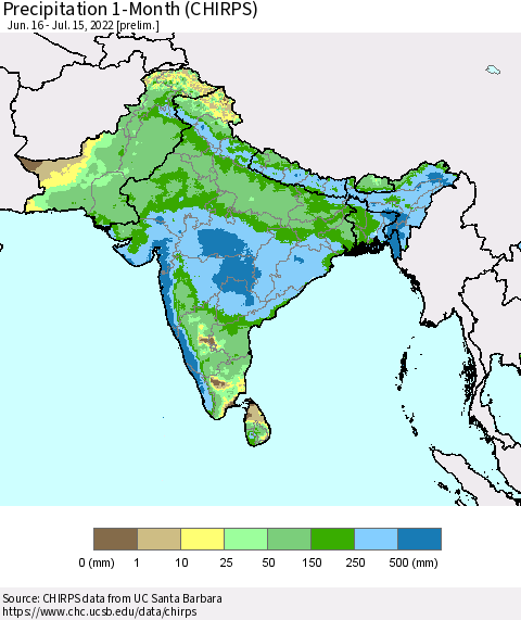 Southern Asia Precipitation 1-Month (CHIRPS) Thematic Map For 6/16/2022 - 7/15/2022