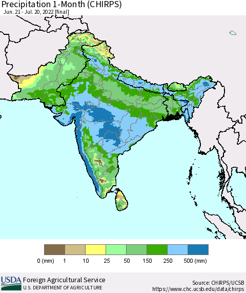 Southern Asia Precipitation 1-Month (CHIRPS) Thematic Map For 6/21/2022 - 7/20/2022