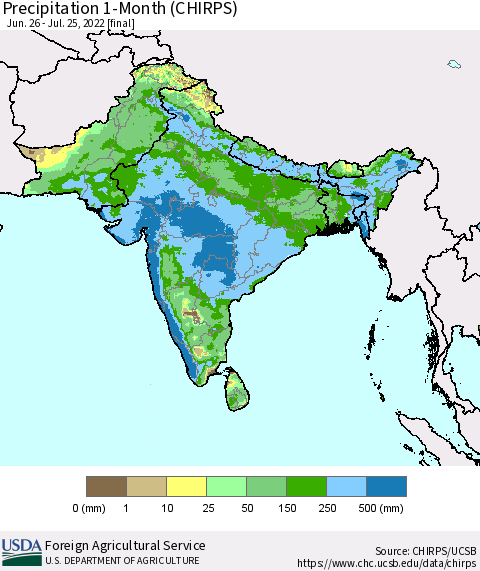 Southern Asia Precipitation 1-Month (CHIRPS) Thematic Map For 6/26/2022 - 7/25/2022