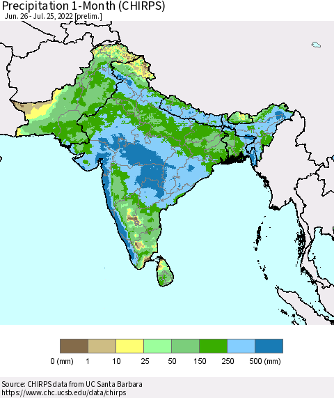 Southern Asia Precipitation 1-Month (CHIRPS) Thematic Map For 6/26/2022 - 7/25/2022