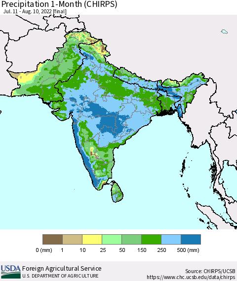 Southern Asia Precipitation 1-Month (CHIRPS) Thematic Map For 7/11/2022 - 8/10/2022