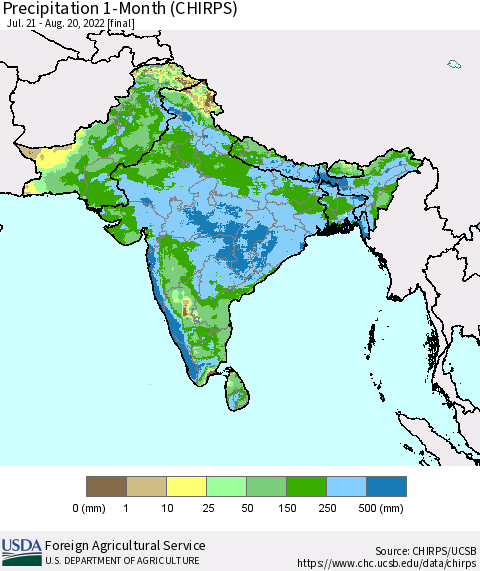 Southern Asia Precipitation 1-Month (CHIRPS) Thematic Map For 7/21/2022 - 8/20/2022
