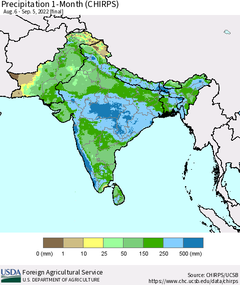 Southern Asia Precipitation 1-Month (CHIRPS) Thematic Map For 8/6/2022 - 9/5/2022