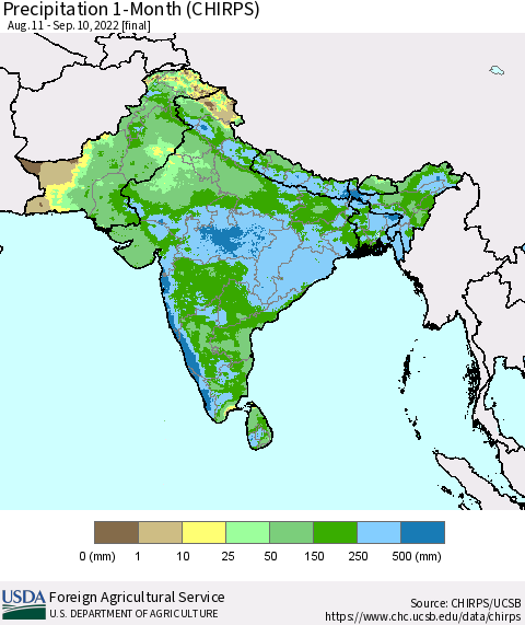 Southern Asia Precipitation 1-Month (CHIRPS) Thematic Map For 8/11/2022 - 9/10/2022