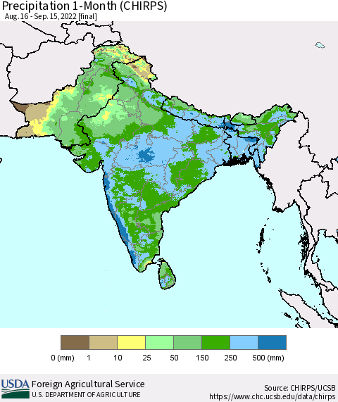 Southern Asia Precipitation 1-Month (CHIRPS) Thematic Map For 8/16/2022 - 9/15/2022