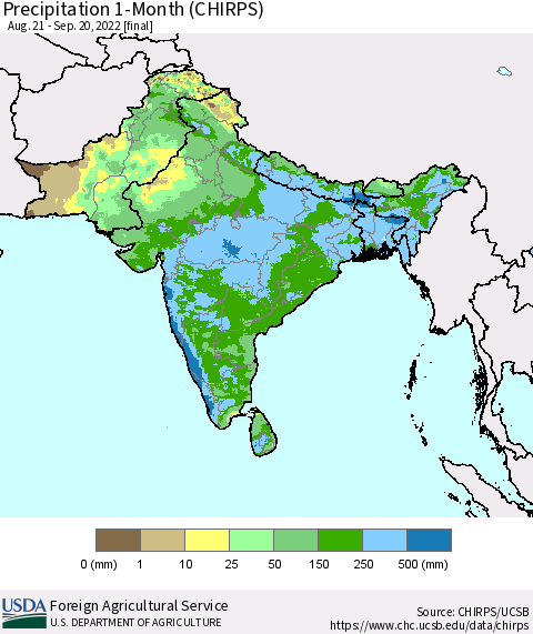 Southern Asia Precipitation 1-Month (CHIRPS) Thematic Map For 8/21/2022 - 9/20/2022