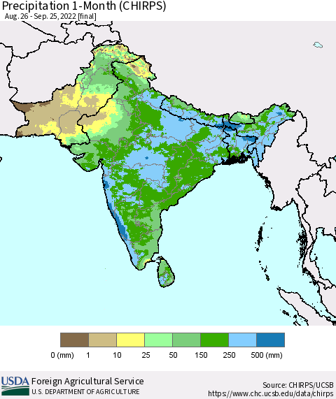 Southern Asia Precipitation 1-Month (CHIRPS) Thematic Map For 8/26/2022 - 9/25/2022