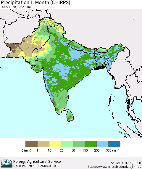 Southern Asia Precipitation 1-Month (CHIRPS) Thematic Map For 9/1/2022 - 9/30/2022