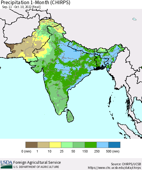 Southern Asia Precipitation 1-Month (CHIRPS) Thematic Map For 9/11/2022 - 10/10/2022