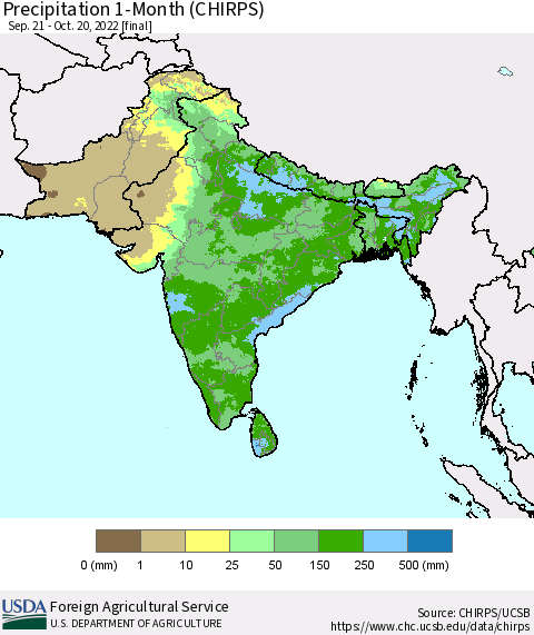 Southern Asia Precipitation 1-Month (CHIRPS) Thematic Map For 9/21/2022 - 10/20/2022