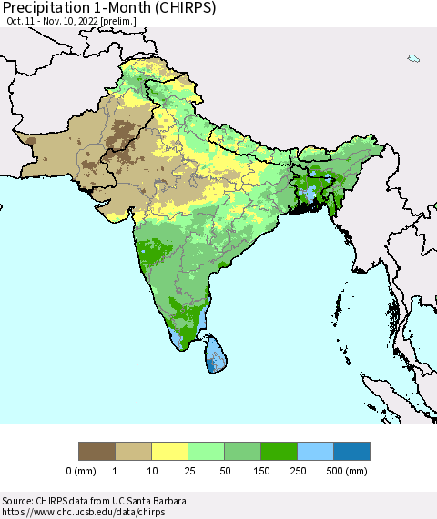 Southern Asia Precipitation 1-Month (CHIRPS) Thematic Map For 10/11/2022 - 11/10/2022