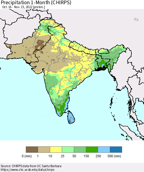 Southern Asia Precipitation 1-Month (CHIRPS) Thematic Map For 10/16/2022 - 11/15/2022