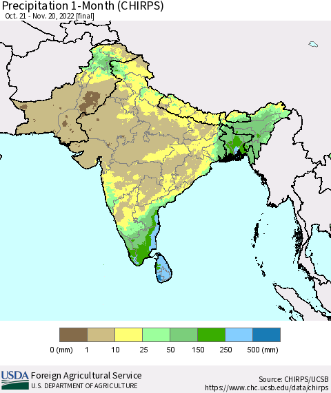 Southern Asia Precipitation 1-Month (CHIRPS) Thematic Map For 10/21/2022 - 11/20/2022