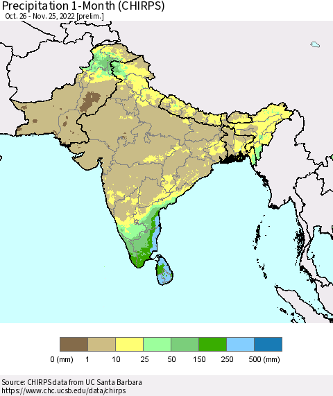 Southern Asia Precipitation 1-Month (CHIRPS) Thematic Map For 10/26/2022 - 11/25/2022