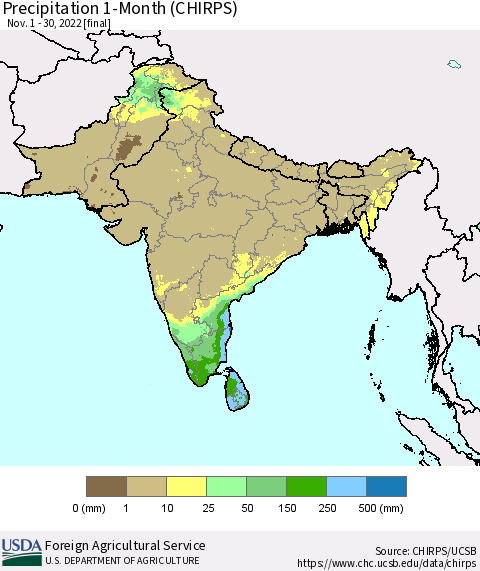 Southern Asia Precipitation 1-Month (CHIRPS) Thematic Map For 11/1/2022 - 11/30/2022