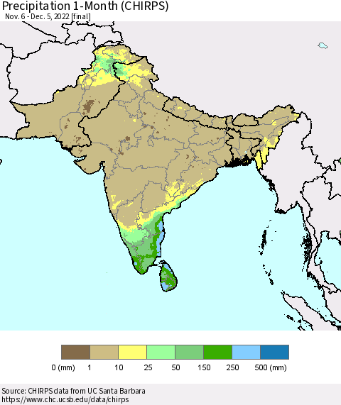 Southern Asia Precipitation 1-Month (CHIRPS) Thematic Map For 11/6/2022 - 12/5/2022