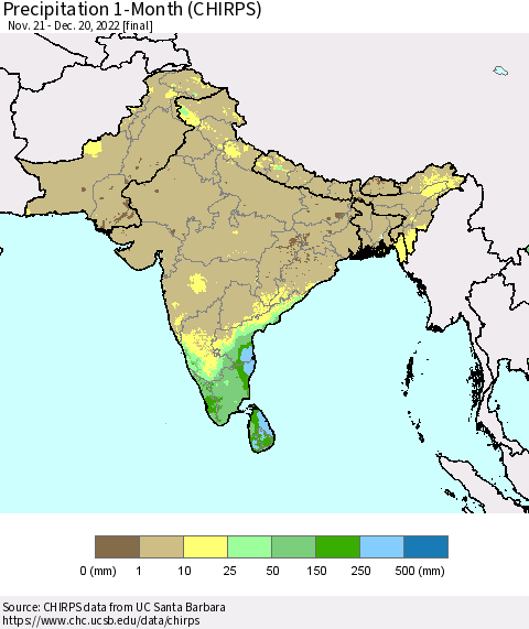 Southern Asia Precipitation 1-Month (CHIRPS) Thematic Map For 11/21/2022 - 12/20/2022