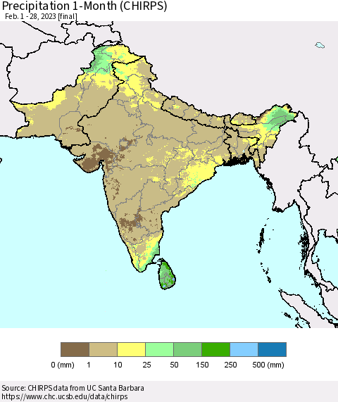Southern Asia Precipitation 1-Month (CHIRPS) Thematic Map For 2/1/2023 - 2/28/2023