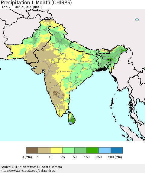 Southern Asia Precipitation 1-Month (CHIRPS) Thematic Map For 2/21/2023 - 3/20/2023