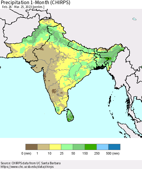 Southern Asia Precipitation 1-Month (CHIRPS) Thematic Map For 2/26/2023 - 3/25/2023