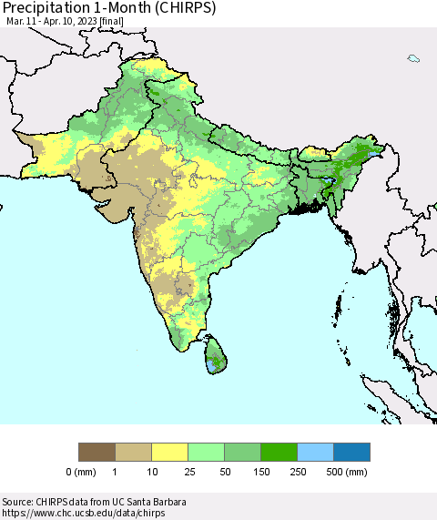 Southern Asia Precipitation 1-Month (CHIRPS) Thematic Map For 3/11/2023 - 4/10/2023