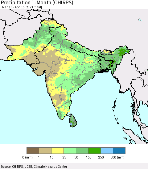 Southern Asia Precipitation 1-Month (CHIRPS) Thematic Map For 3/16/2023 - 4/15/2023