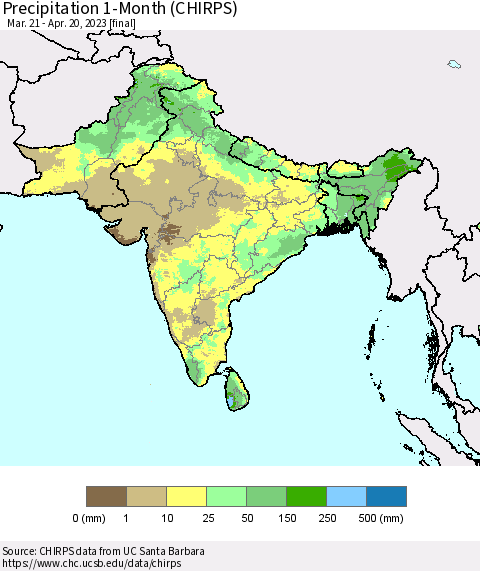 Southern Asia Precipitation 1-Month (CHIRPS) Thematic Map For 3/21/2023 - 4/20/2023