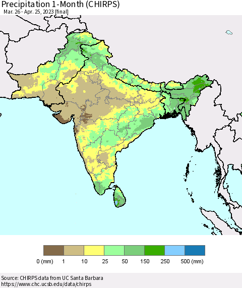 Southern Asia Precipitation 1-Month (CHIRPS) Thematic Map For 3/26/2023 - 4/25/2023