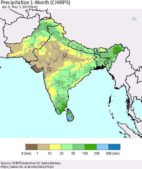 Southern Asia Precipitation 1-Month (CHIRPS) Thematic Map For 4/6/2023 - 5/5/2023