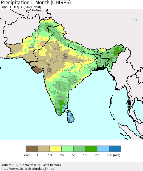 Southern Asia Precipitation 1-Month (CHIRPS) Thematic Map For 4/11/2023 - 5/10/2023