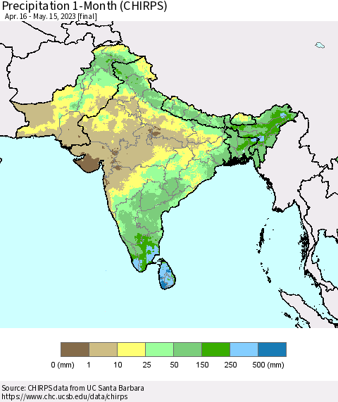 Southern Asia Precipitation 1-Month (CHIRPS) Thematic Map For 4/16/2023 - 5/15/2023