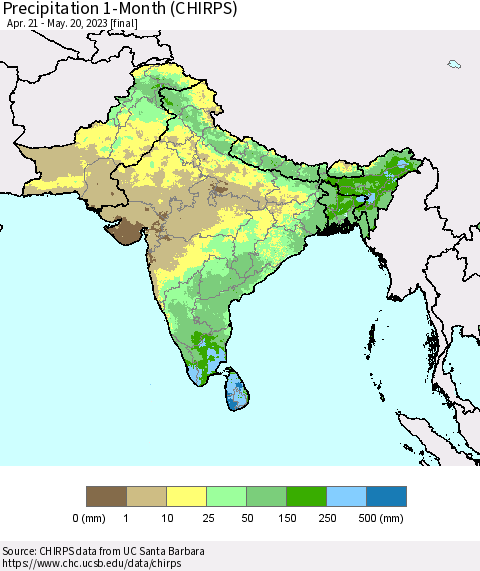 Southern Asia Precipitation 1-Month (CHIRPS) Thematic Map For 4/21/2023 - 5/20/2023