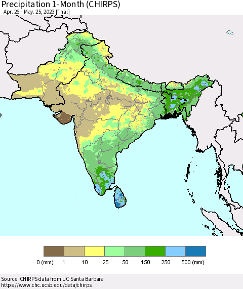 Southern Asia Precipitation 1-Month (CHIRPS) Thematic Map For 4/26/2023 - 5/25/2023