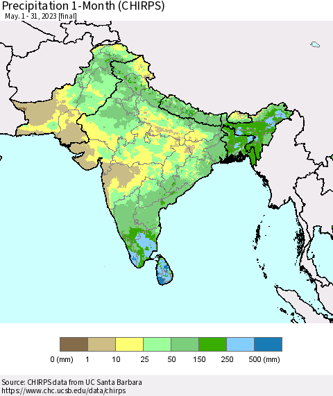 Southern Asia Precipitation 1-Month (CHIRPS) Thematic Map For 5/1/2023 - 5/31/2023