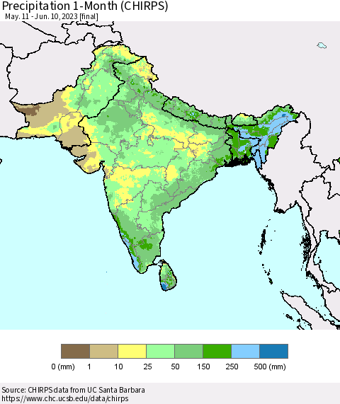 Southern Asia Precipitation 1-Month (CHIRPS) Thematic Map For 5/11/2023 - 6/10/2023
