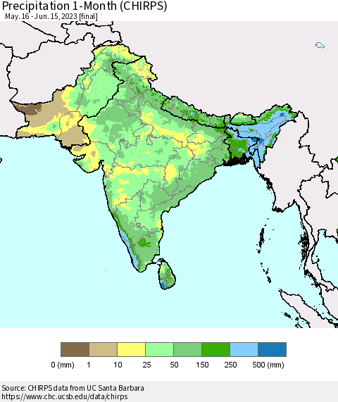 Southern Asia Precipitation 1-Month (CHIRPS) Thematic Map For 5/16/2023 - 6/15/2023