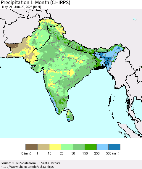 Southern Asia Precipitation 1-Month (CHIRPS) Thematic Map For 5/21/2023 - 6/20/2023