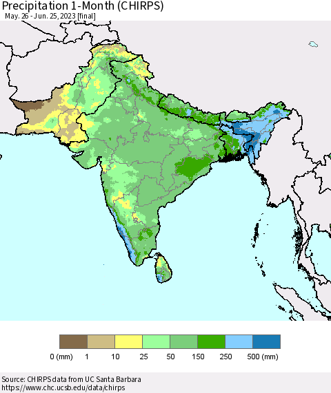 Southern Asia Precipitation 1-Month (CHIRPS) Thematic Map For 5/26/2023 - 6/25/2023