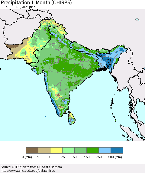 Southern Asia Precipitation 1-Month (CHIRPS) Thematic Map For 6/6/2023 - 7/5/2023