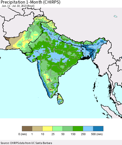 Southern Asia Precipitation 1-Month (CHIRPS) Thematic Map For 6/11/2023 - 7/10/2023