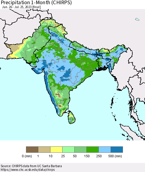 Southern Asia Precipitation 1-Month (CHIRPS) Thematic Map For 6/26/2023 - 7/25/2023
